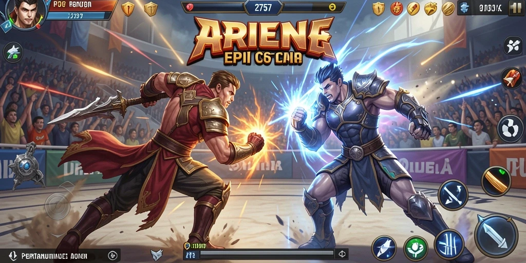 Tampilan gameplay yang menegangkan dalam pertarungan di arena.