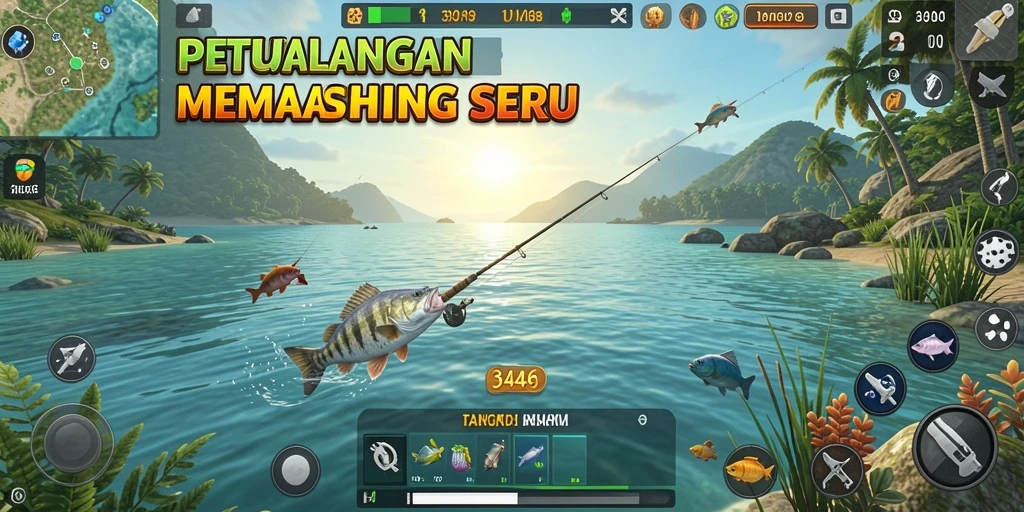 Screenshot utama 3446 menampilkan gameplay seru saat memancing.