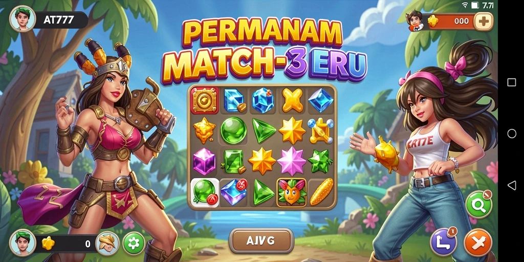 Tampilan screenshot AT777 menunjukkan keseruan gameplay Match-3 yang menantang.