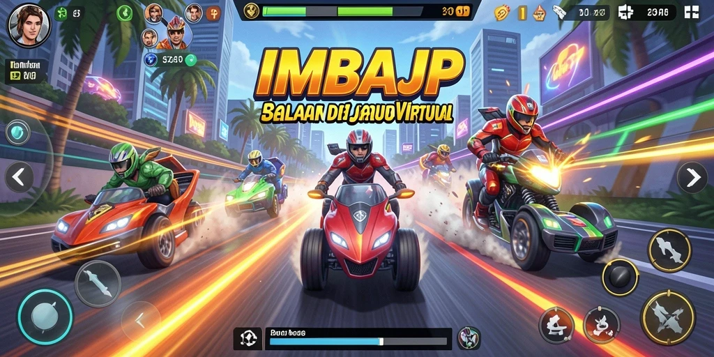 Tampilan gameplay IMBAJP menampilkan aksi balapan mendebarkan dan grafis menawan.