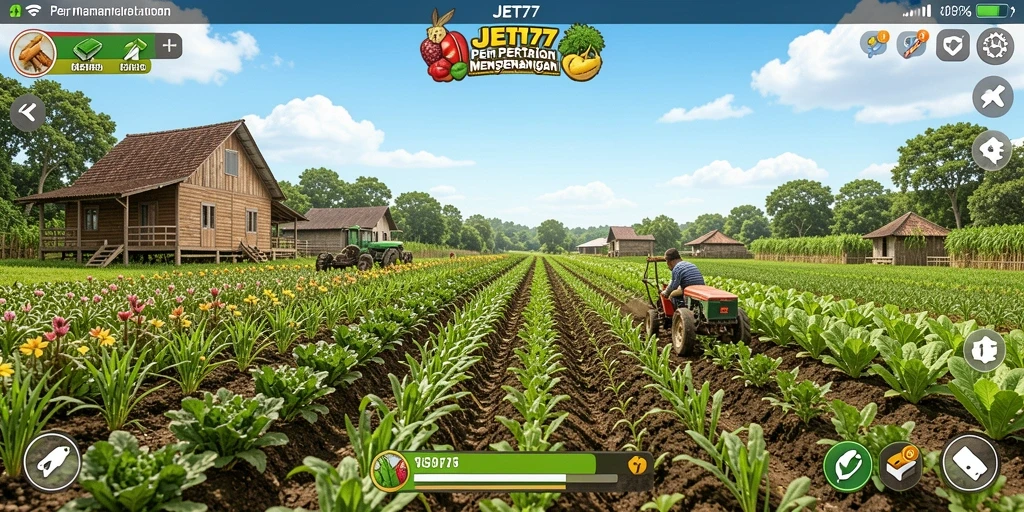 Tampilan gameplay JET77 dengan pertanian yang indah dan tanaman yang beragam.