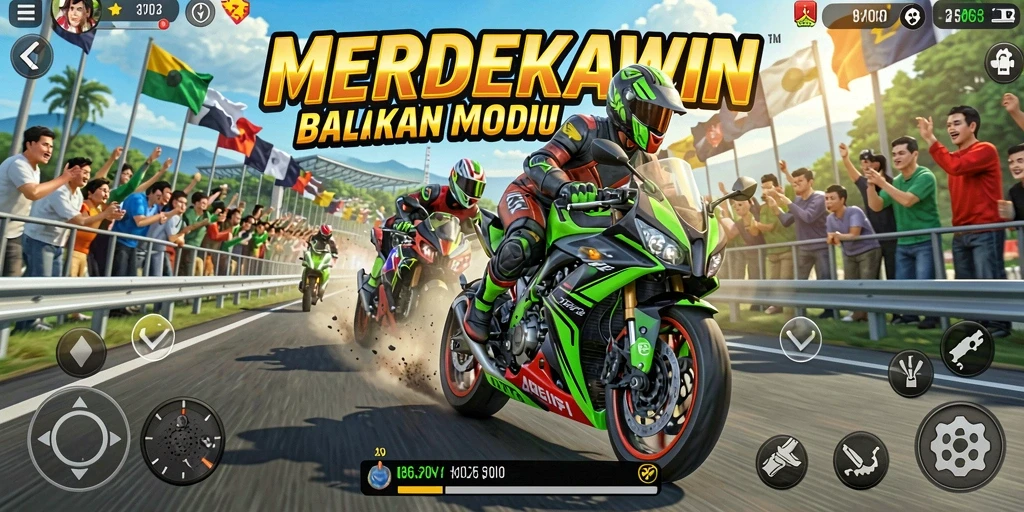 Tampilan gameplay seru dalam balapan motor di MERDEKAWIN.