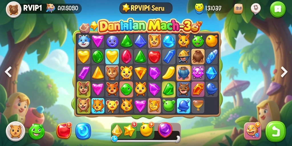 Screenshot gameplay RPVIP1 menunjukkan momen seru dalam tantangan Match-3.