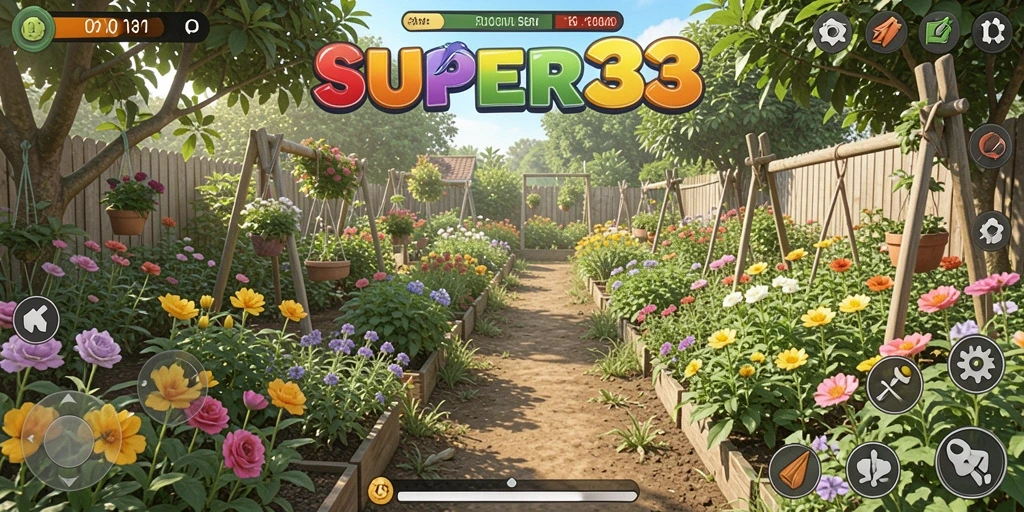 Screenshot gameplay SUPER33 menampilkan pertanian yang subur dan beragam tanaman.